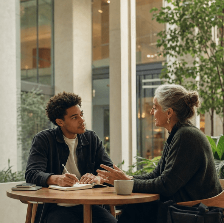 A member and advisor in conversation over coffee